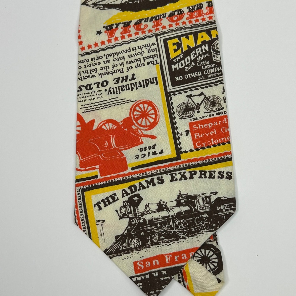 Handmade by Betty Vintage Newspaper Ad Transportation Train Ship Mens Tie Cream